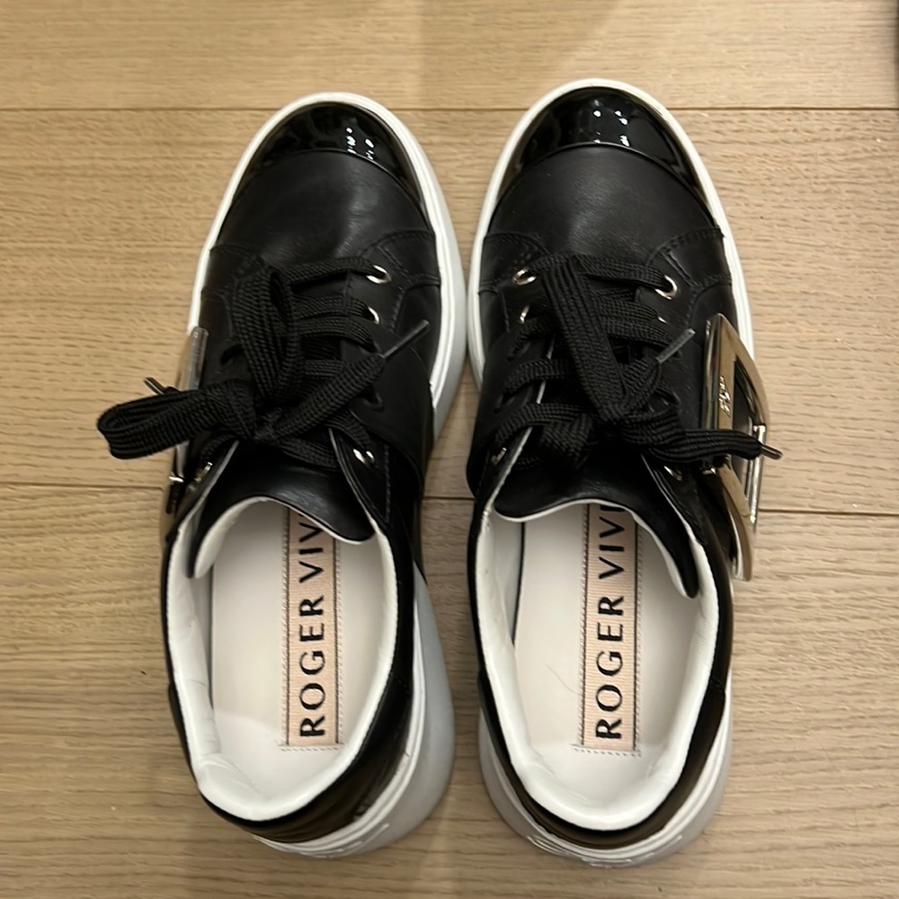 Roger Vivier Women's Viv Skate Metal Buckle Sneakers Black Leather